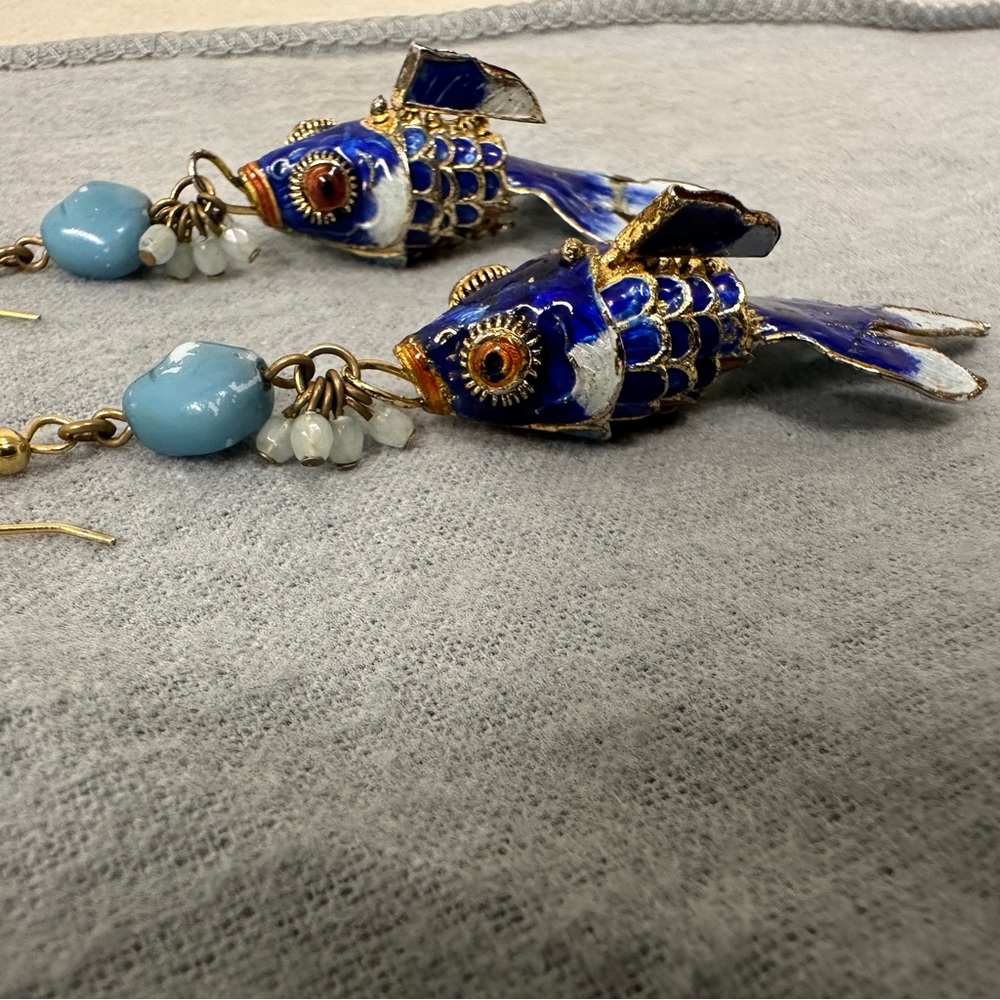 🎏❤️‍🔥🔥Dangle Fish Earrings - Blue Enamel Articulated Koi with Beads 🎏